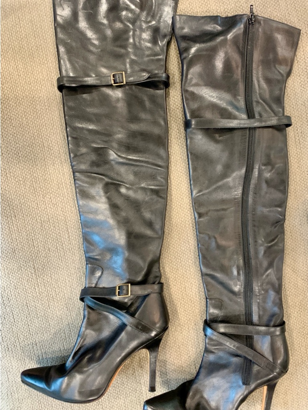 Manolo Blahnik Black Leather Over-the-Knee Stiletto Boots with Buckle Straps